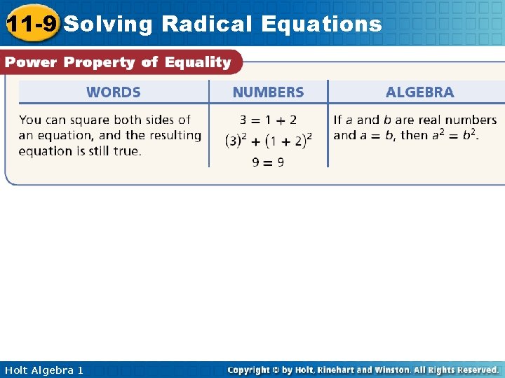 11 -9 Solving Radical Equations Holt Algebra 1 