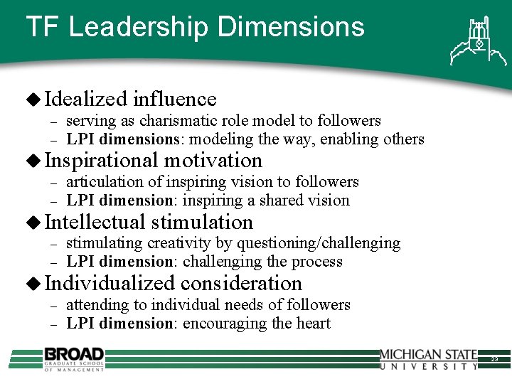TF Leadership Dimensions u Idealized influence – serving as charismatic role model to followers