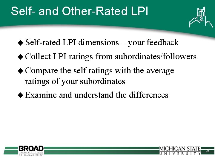 Self- and Other-Rated LPI u Self-rated u Collect LPI dimensions – your feedback LPI