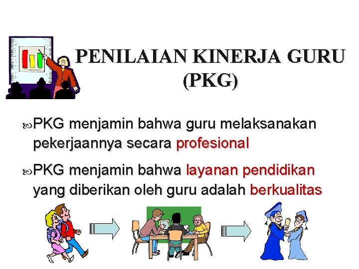 PENILAIAN KINERJA GURU (PKG) PKG menjamin bahwa guru melaksanakan pekerjaannya secara profesional PKG menjamin PENILAIAN KINERJA GURU (PKG) PKG menjamin bahwa guru melaksanakan pekerjaannya secara profesional PKG menjamin