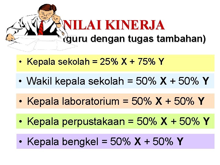 NILAI KINERJA (guru dengan tugas tambahan) • Kepala sekolah = 25% X + 75% NILAI KINERJA (guru dengan tugas tambahan) • Kepala sekolah = 25% X + 75%