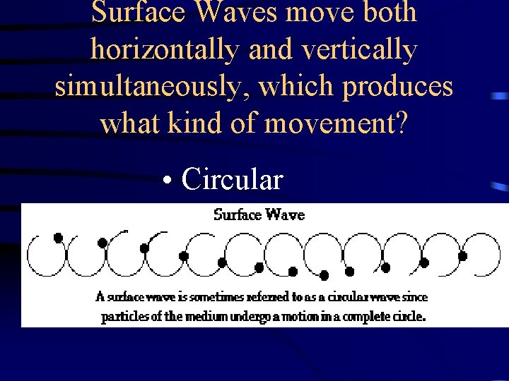 Surface Waves move both horizontally and vertically simultaneously, which produces what kind of movement? Surface Waves move both horizontally and vertically simultaneously, which produces what kind of movement?