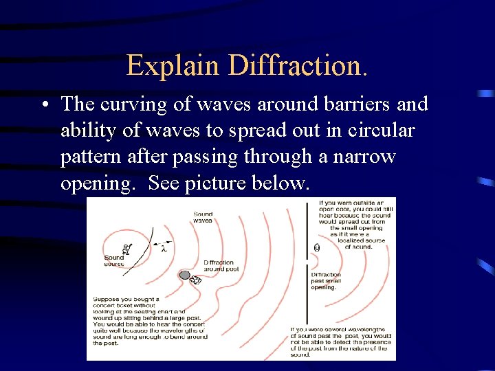 Explain Diffraction. • The curving of waves around barriers and ability of waves to Explain Diffraction. • The curving of waves around barriers and ability of waves to