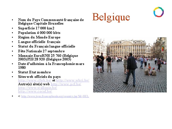  • • • Nom du Pays Communauté française de Belgique Capitale Bruxelles Superficie