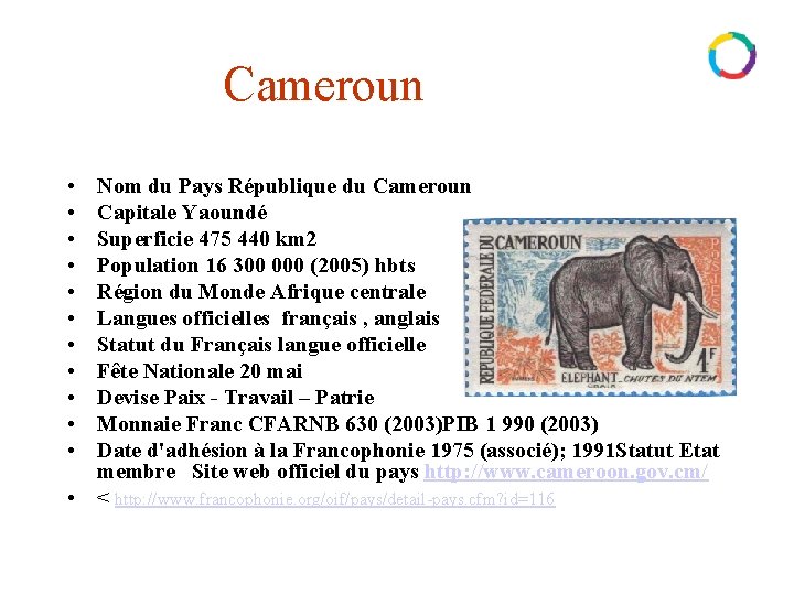 Cameroun • • • Nom du Pays République du Cameroun Capitale Yaoundé Superficie 475