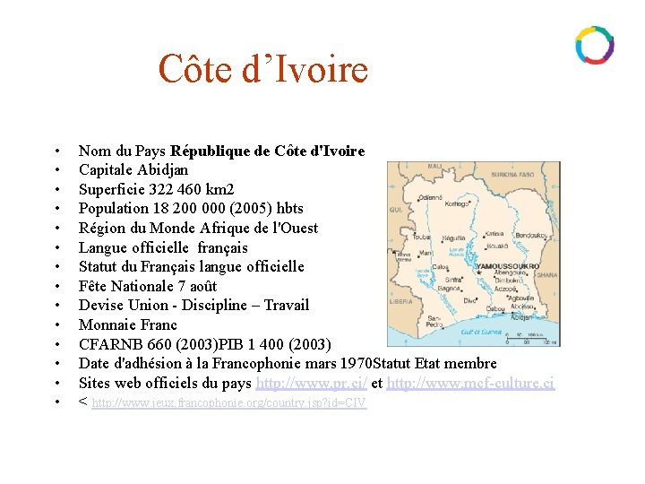 Côte d’Ivoire • • • • Nom du Pays République de Côte d'Ivoire Capitale
