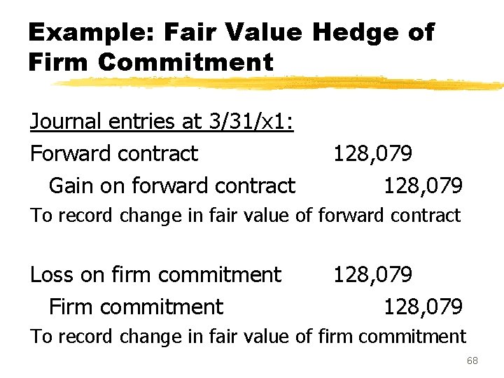 Example: Fair Value Hedge of Firm Commitment Journal entries at 3/31/x 1: Forward contract