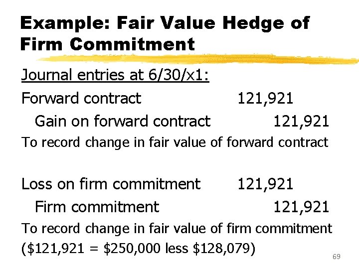 Example: Fair Value Hedge of Firm Commitment Journal entries at 6/30/x 1: Forward contract