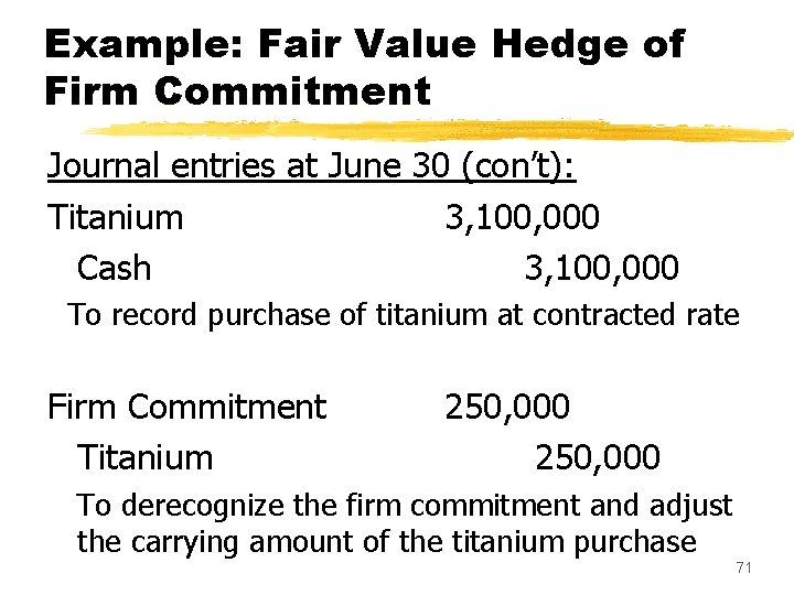 Example: Fair Value Hedge of Firm Commitment Journal entries at June 30 (con’t): Titanium