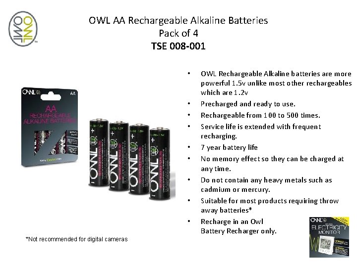 OWL AA Rechargeable Alkaline Batteries Pack of 4 TSE 008 -001 • • •