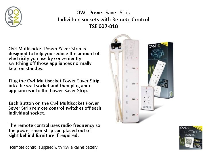 OWL Power Saver Strip Individual sockets with Remote Control TSE 007 -010 Owl Multisocket