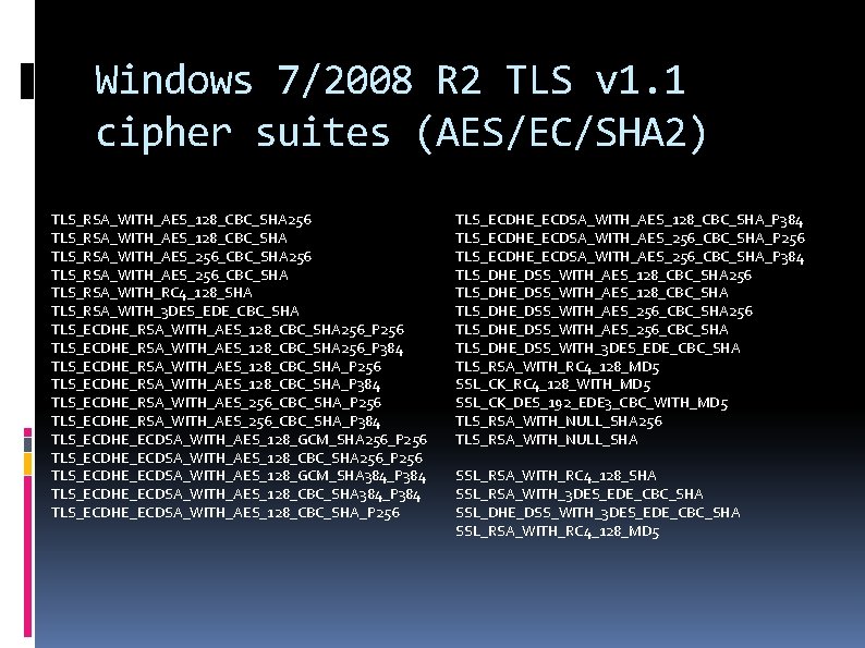 Windows 7/2008 R 2 TLS v 1. 1 cipher suites (AES/EC/SHA 2) TLS_RSA_WITH_AES_128_CBC_SHA 256