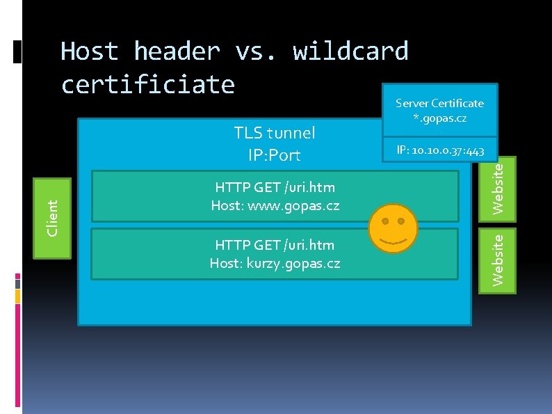 Host header vs. wildcard certificiate HTTP GET /uri. htm Host: www. gopas. cz Website