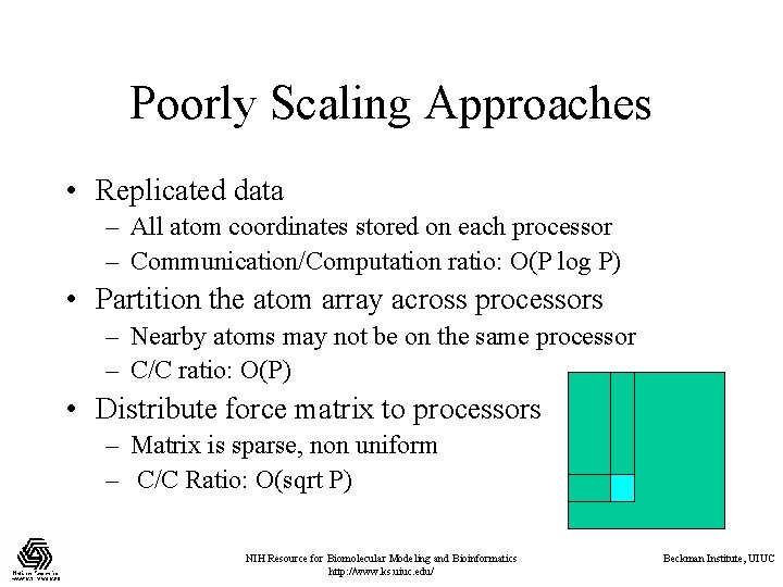 Poorly Scaling Approaches • Replicated data – All atom coordinates stored on each processor