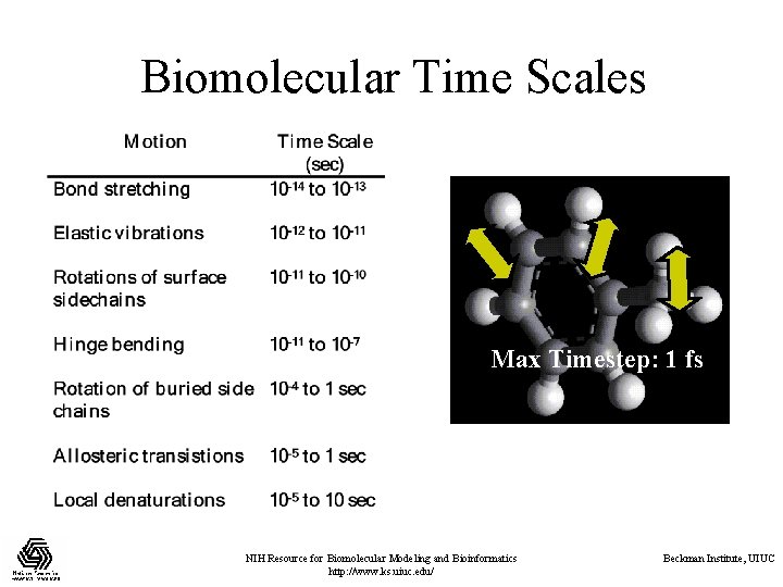 Biomolecular Time Scales Max Timestep: 1 fs NIH Resource for Biomolecular Modeling and Bioinformatics