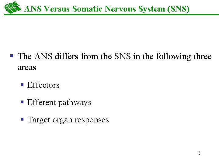 ANS Versus Somatic Nervous System (SNS) § The ANS differs from the SNS in