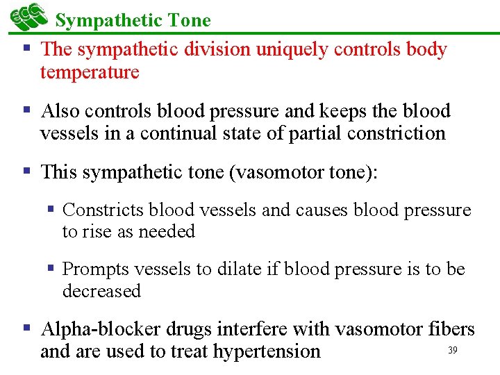 Sympathetic Tone § The sympathetic division uniquely controls body temperature § Also controls blood
