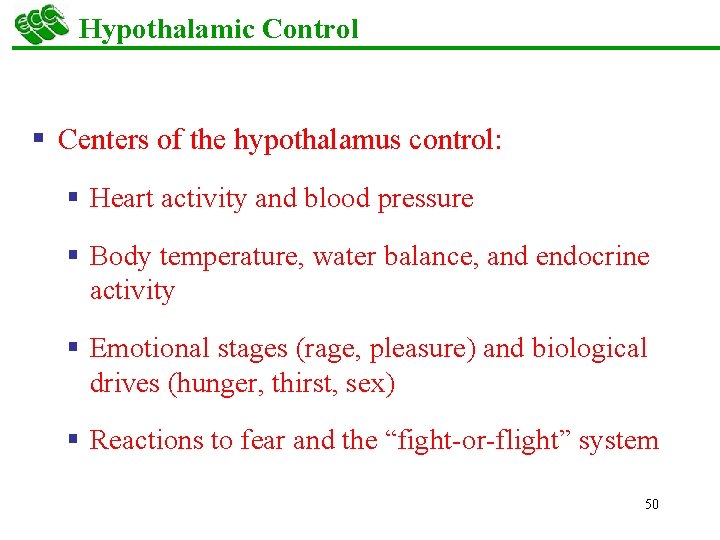 Hypothalamic Control § Centers of the hypothalamus control: § Heart activity and blood pressure