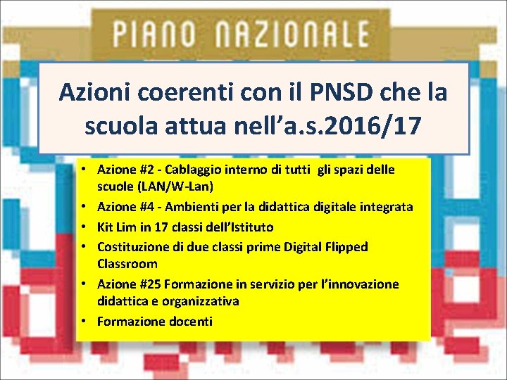 Azioni coerenti con il PNSD che la scuola attua nell’a. s. 2016/17 • Azione