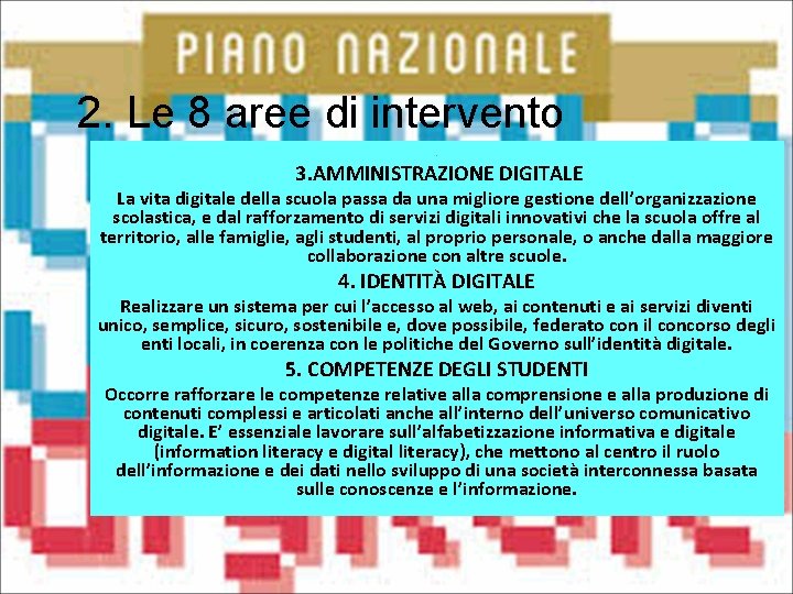 2. Le 8 aree di intervento. 3. AMMINISTRAZIONE DIGITALE La vita digitale della scuola