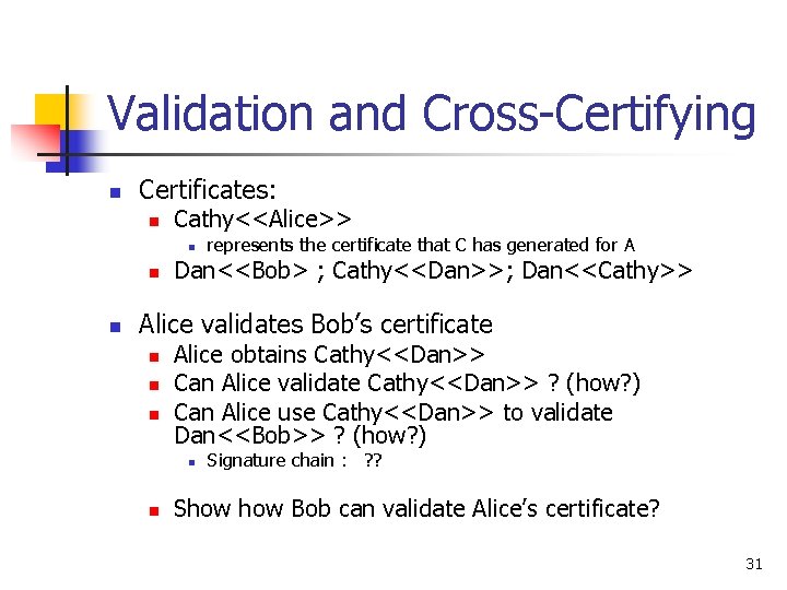 Validation and Cross-Certifying n Certificates: n Cathy<<Alice>> n n n represents the certificate that