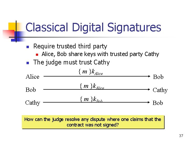 Classical Digital Signatures n Require trusted third party n Alice, Bob share keys with