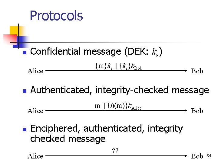 Protocols n Confidential message (DEK: ks) Alice n Bob Authenticated, integrity-checked message Alice n