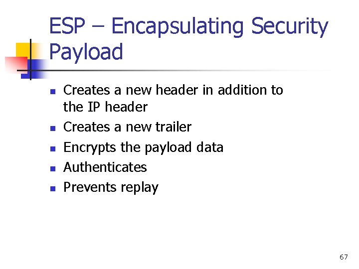 ESP – Encapsulating Security Payload n n n Creates a new header in addition