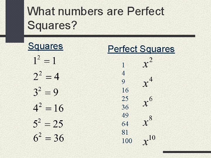 What numbers are Perfect Squares? Squares Perfect Squares 1 4 9 16 25 36