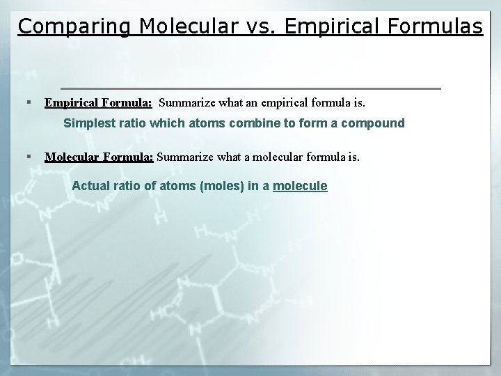 Comparing Molecular vs. Empirical Formulas § Empirical Formula: Summarize what an empirical formula is.