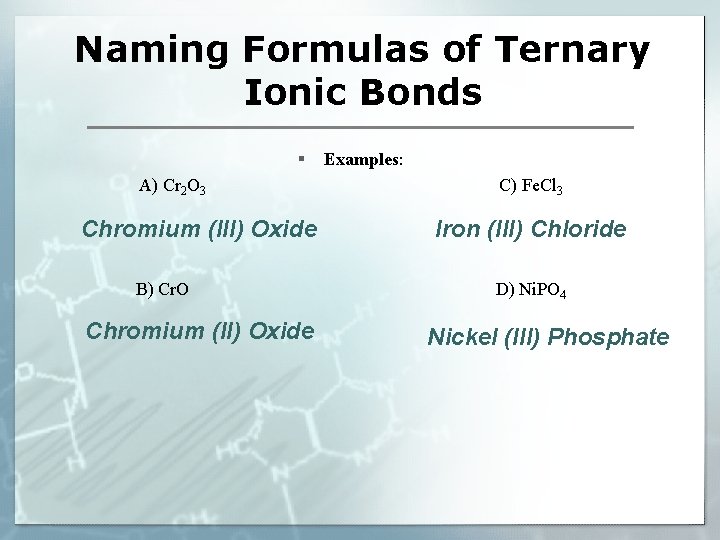 Naming Formulas of Ternary Ionic Bonds § A) Cr 2 O 3 Chromium (III)