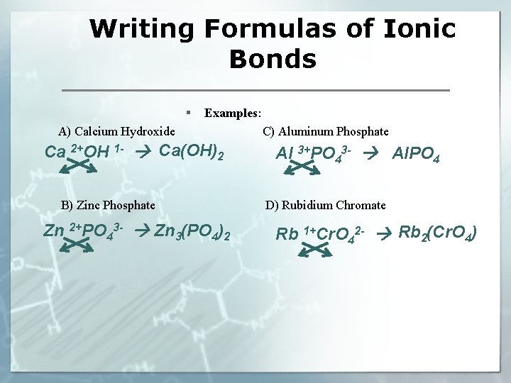 Writing Formulas of Ionic Bonds § Examples: A) Calcium Hydroxide Ca 2+OH 1 -