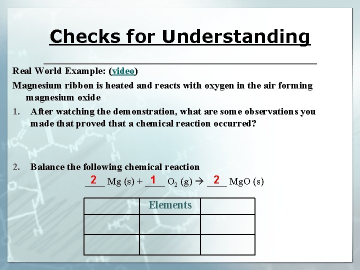 Checks for Understanding Real World Example: (video) Magnesium ribbon is heated and reacts with