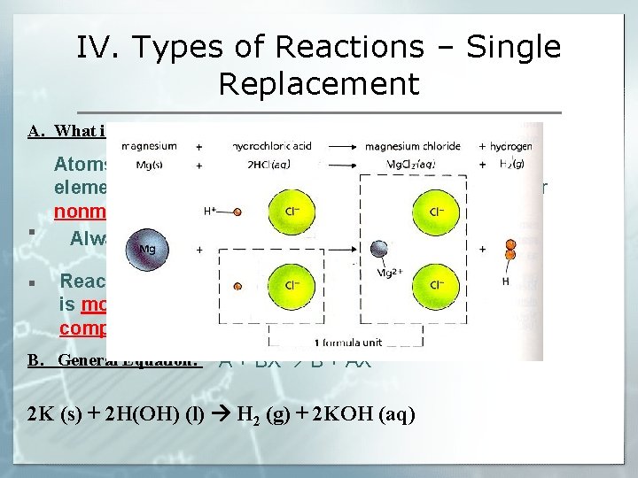 IV. Types of Reactions – Single Replacement A. What is it? Atoms of one