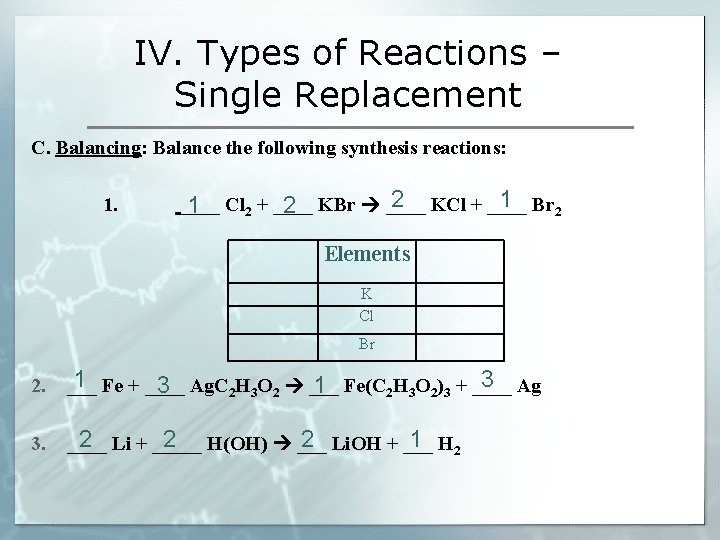 IV. Types of Reactions – Single Replacement C. Balancing: Balance the following synthesis reactions: