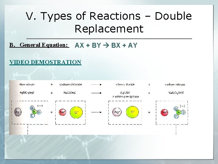 V. Types of Reactions – Double Replacement B. General Equation: AX + BY BX