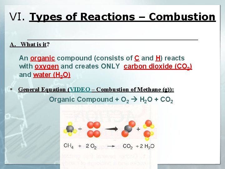 VI. Types of Reactions – Combustion A. What is it? An organic compound (consists