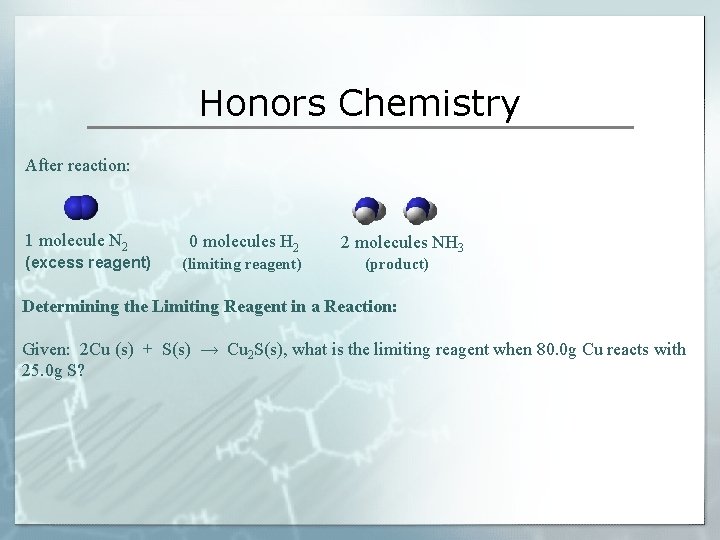 Honors Chemistry After reaction: 1 molecule N 2 (excess reagent) 0 molecules H 2