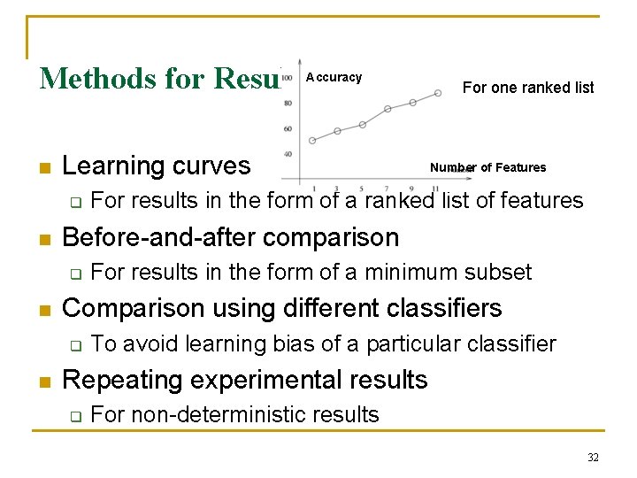 Methods for Result Evaluation For one ranked list Accuracy n Learning curves q n