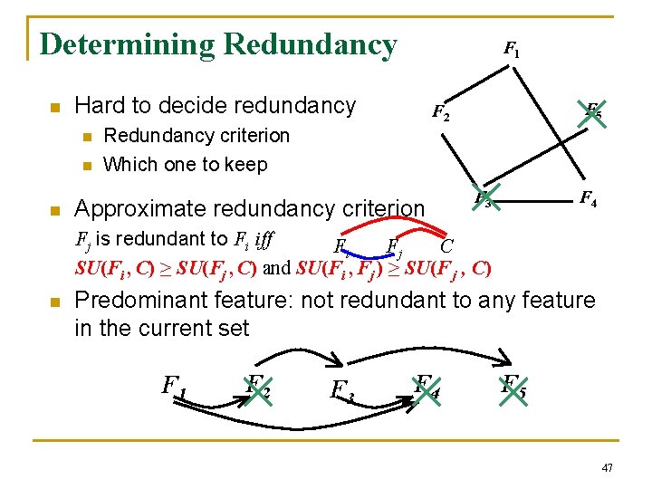 Determining Redundancy n Hard to decide redundancy n n n F 1 F 5