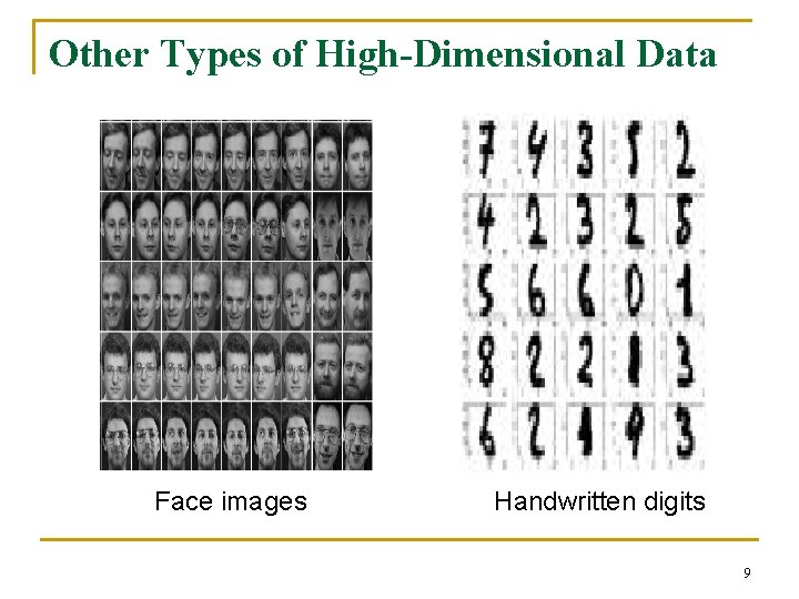 Other Types of High-Dimensional Data Face images Handwritten digits 9 