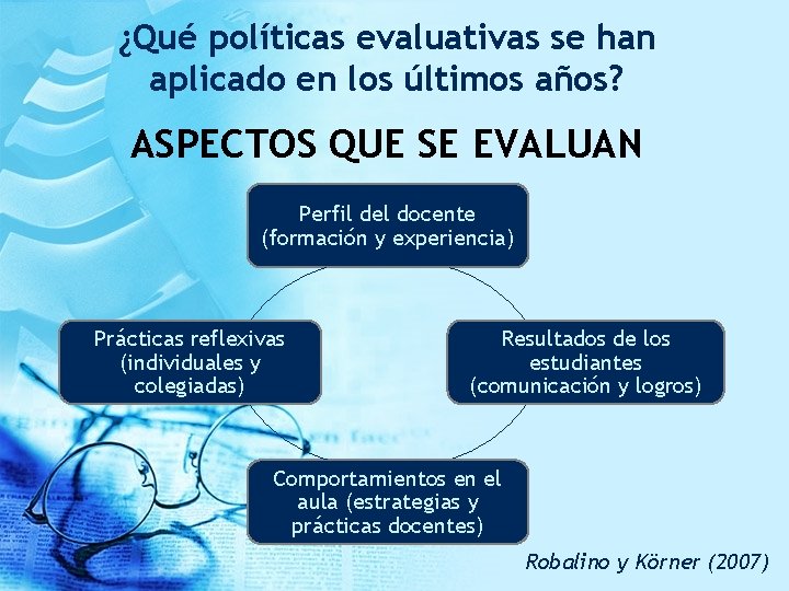 ¿Qué políticas evaluativas se han aplicado en los últimos años? ASPECTOS QUE SE EVALUAN