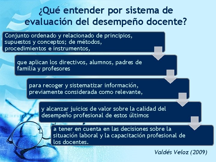 ¿Qué entender por sistema de evaluación del desempeño docente? Conjunto ordenado y relacionado de