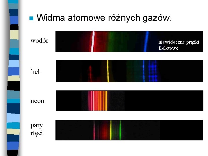 n Widma atomowe różnych gazów. wodór hel neon pary rtęci niewidoczne prążki fioletowe 