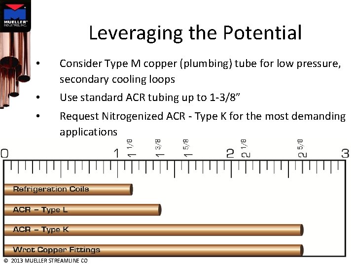 Leveraging the Potential • Consider Type M copper (plumbing) tube for low pressure, secondary