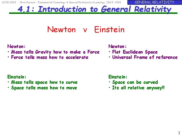 11/28/2020 Chris Pearson : Fundamental Cosmology 4: General Relativistic Cosmology ISAS -2003 GENERAL RELATIVITY