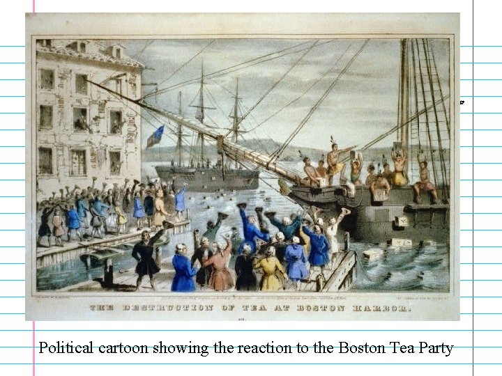 Political cartoon showing the reaction to the Boston Tea Party 
