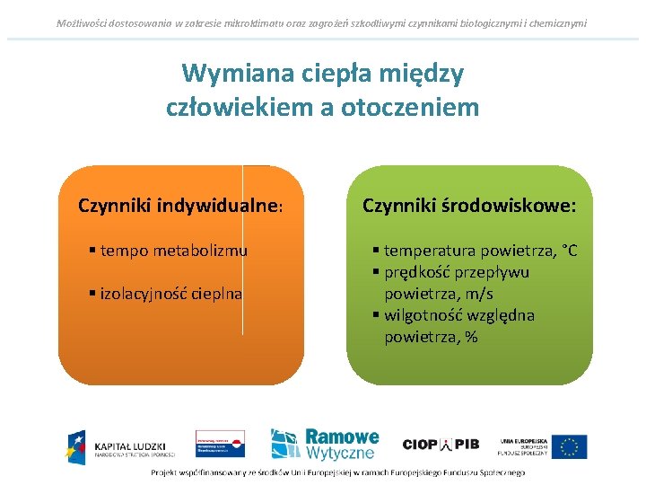 Możliwości dostosowania w zakresie mikroklimatu oraz zagrożeń szkodliwymi czynnikami biologicznymi i chemicznymi Wymiana ciepła