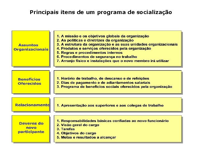 Principais itens de um programa de socialização Métodos de Socialização Organizacional 