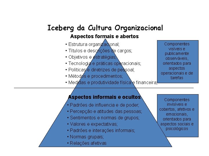 Iceberg da Cultura Organizacional Aspectos formais e abertos Componentes • Estrutura organizacional; visíveis e